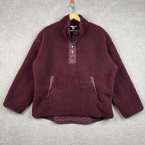 Athleta Sherpa Jacket Size XL Burgundy Cozy Sherpa Snap Sweatshirt Oversize Fit - Picture 1 of 13